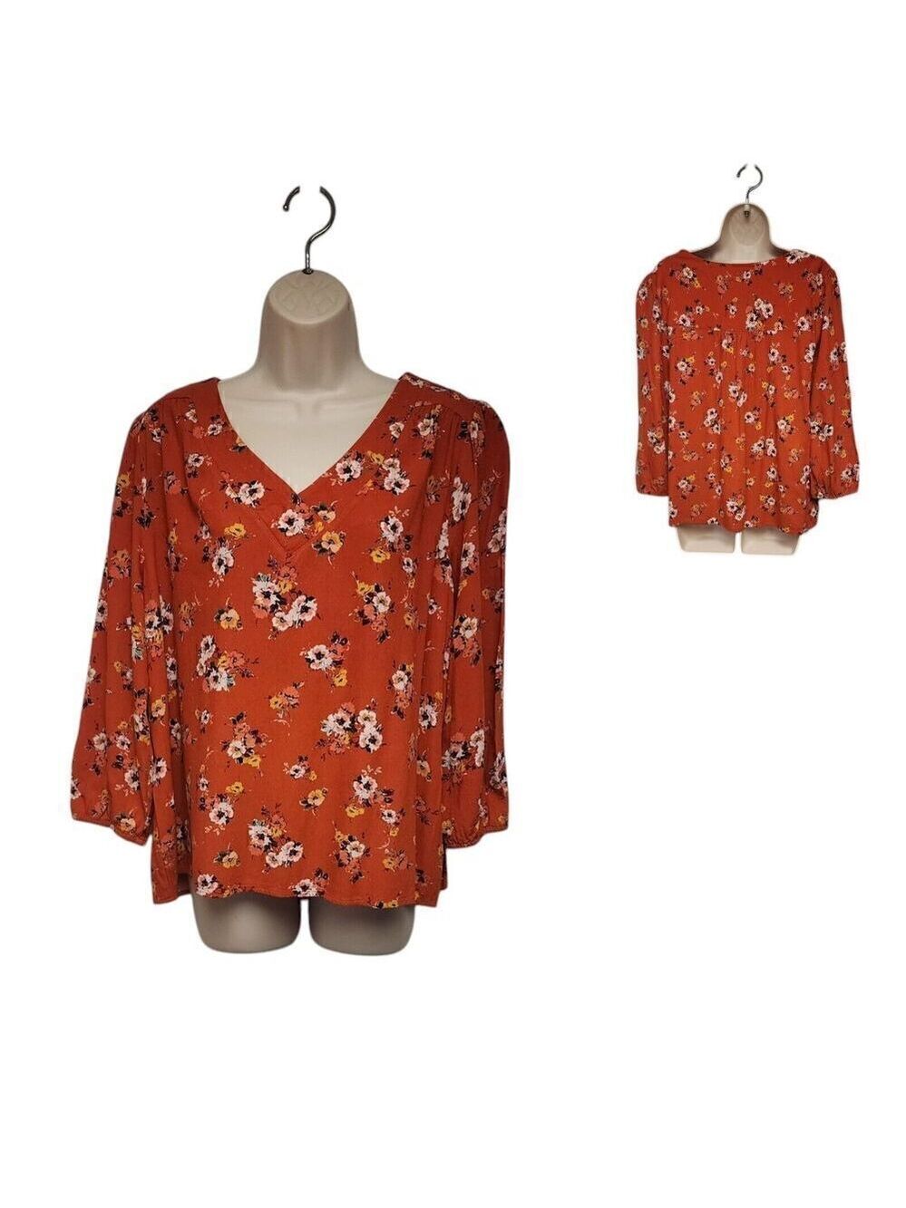 St John Bay V-Neck 3/4 Sleeve Floral Multi-color Orange Blouse Size Large